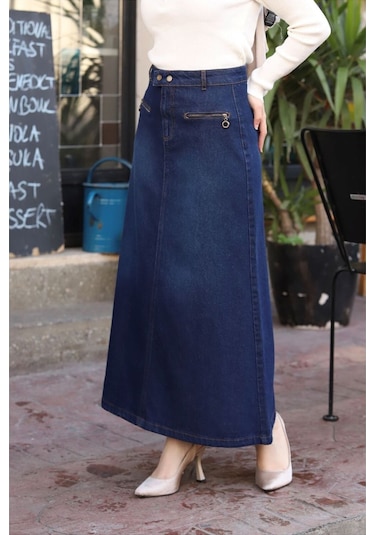 Beli Çıt Çıtlı Fermuar Cep Detaylı Kot Etek - 001