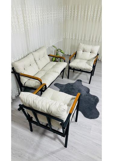 Madame Home Kalanşo Balkon, Bahçe,teras,cafe - Salon - Metal Kanepe Koltuk Takımı Çay Seti 2+1+1 Krem