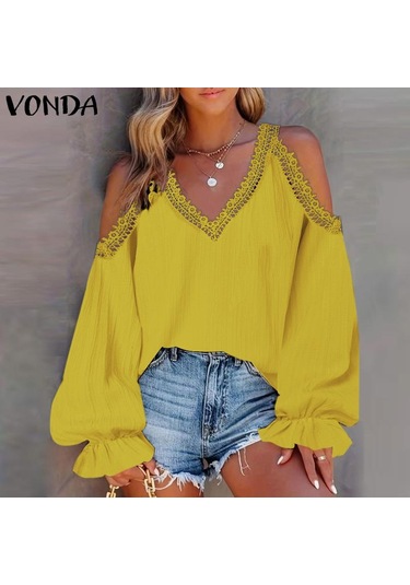 Vonda Kadın Vintage V Yaka Fener Uzun Kollu Omuzdan Bağlamalı Dantel Bluzlar Beyaz