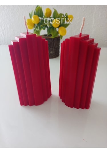 2'li Kırmızı Soya Doğal Vanilya Kokulu Sütun Geometrik Şekil Mum