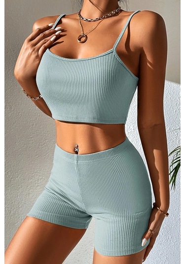 Kadın Açık Mavi Şortlu Kaşkorse Gecelik Takım Çok Renkli