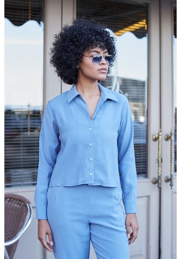 Kadın Likrasız Modal Kumaş Uzun Kol Hafif Kısa Gömlek-indigo Indigo