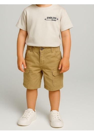 Erkek Bebek Pamuklu Kumaş Cepli Şort-16008 Bej