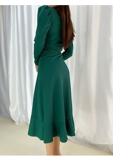 Kadın Yeşil Krep Kumaş Midi Boy Kuşaklı Uzunkol Elbise Bediva 001