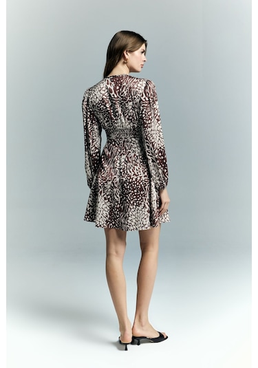 Desenli Mini Elbise - Kahve-137220