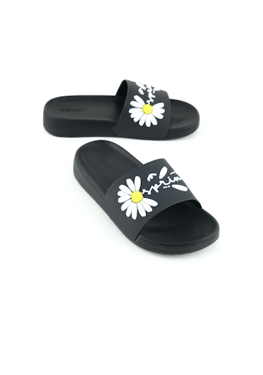 Gezer Kadın Yazlık Papatya Tasarım Pu Rahat Taban Ev Banyo Havuz Plaj Terlik Siyah