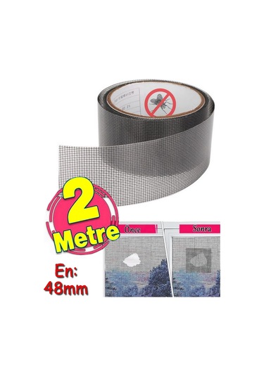 Yapışkanlı Sineklik Yaması Tülü Tamir Bandı Bantı Delik Fiber Tül Yapıştırma Gri 48 Mm X 2 Metre 2 M