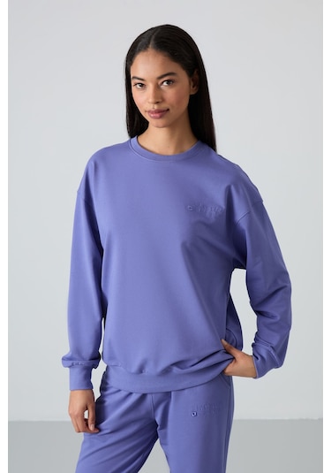 Tommy Life Eflatun Basic Pamuklu O Yaka Oversize Lastik Paça Kadın Eşofman Takım - 95287 Mor