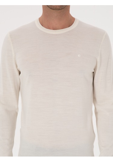 Cacharel Beyaz Slim Fit Yün Karışımlı Bisiklet Yaka Basic Triko Kazak