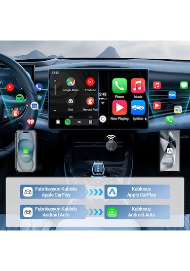 Juo Kablosuz Carplay Android Auto Kabloludan Kablosuza Çevirici Usb Ve Type-c Adaptör