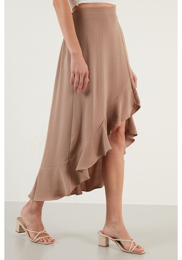 Lela Volanlı Midi Boy Yırtmaçlı Bayan Etek 6058387 Vizon