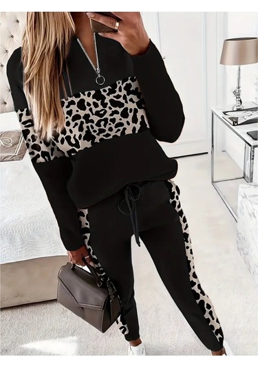 Tua Moda Kadın Uzun Kollu Fermuarlı Karışık Desenli Viskon Iki Iplik Bluz Ve Pantolon Ikili Takım Siyah