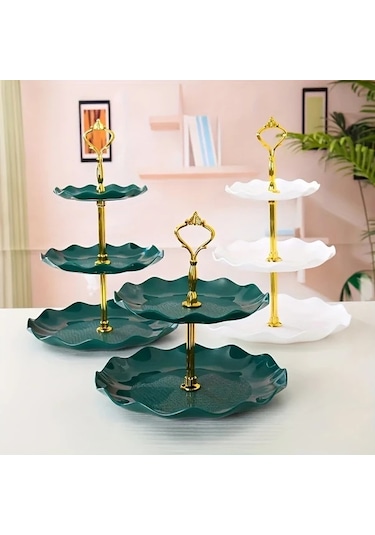 Dashanshop Ruffle Siyah Tek Parça 3 Katlı Porselen Kek Standı Kaymaz Tabanlı Dantel Desenli