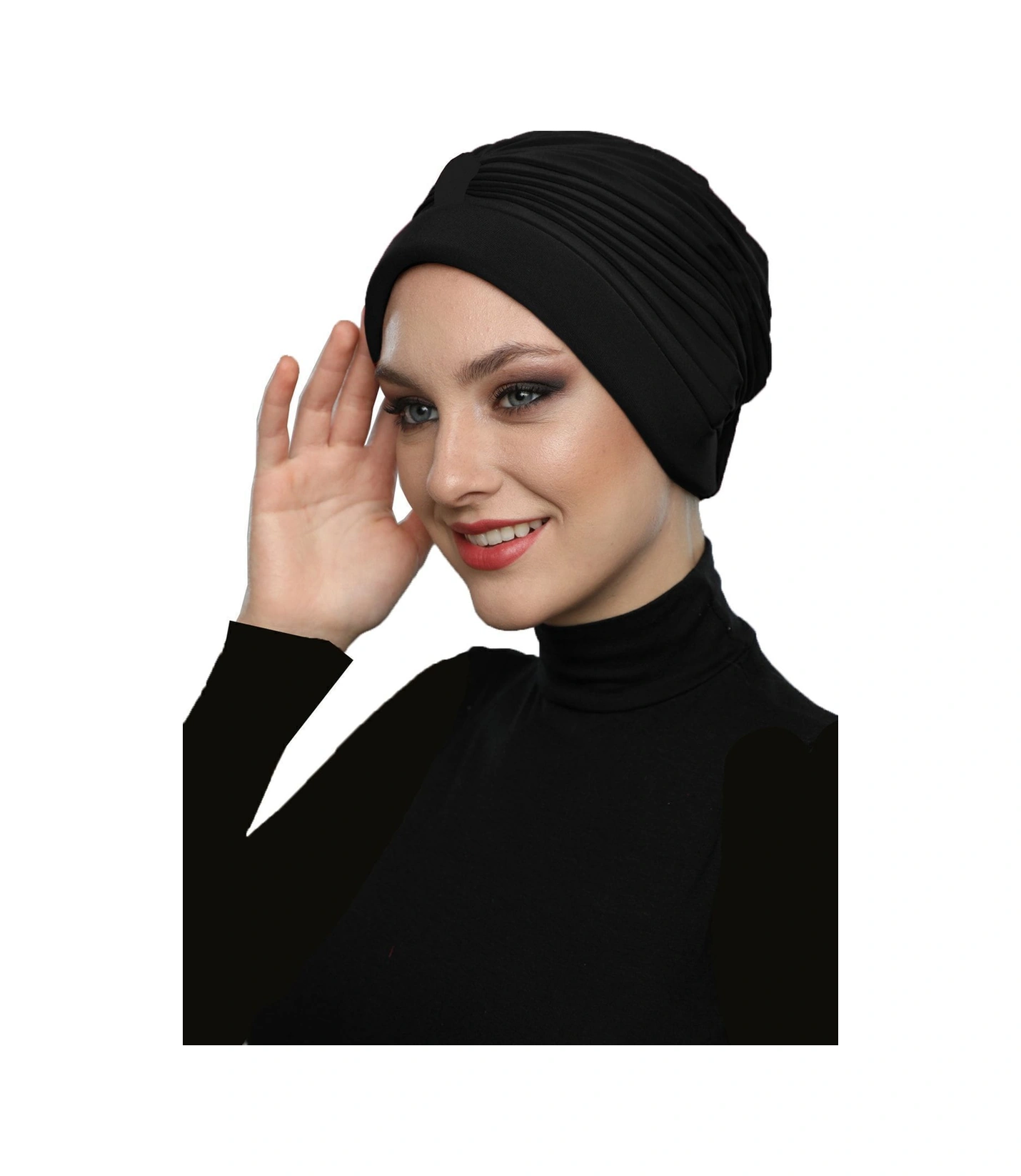 Bantlı Ön Ve Ensesi Bantlı Nervürlü Siyah Süngerli Hazır Türban Tesettür Bone Havuz Bonesi Siyah