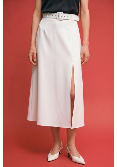 Sateen Kemerli Yırtmaç Detaylı Kloş Etek - Ekru-137417