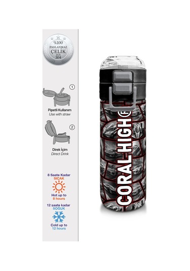 Coral High Kids Siyah Kırmızı Araba Desenli Pipetli Ve Direkt İçim Çelik Termos 500 Ml 31867 Siyah - Kırmızı