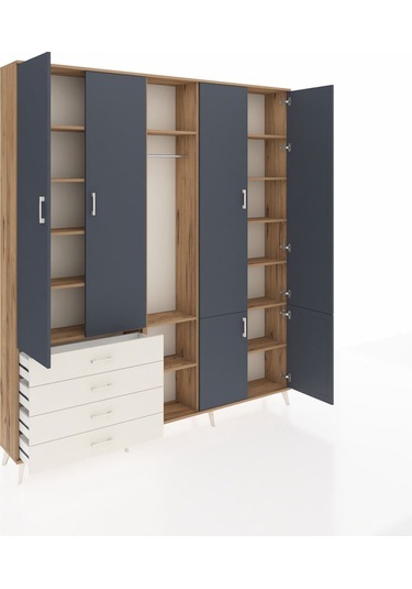 Arges Dolap 14 Raflı 4 Çekmeceli Tek Askılı 220x30x243 Çam-antrasit/aytaşı Antrasıt/aytası