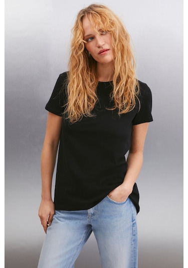 Grimelange Samantha Kadın %100 Organik Pamuklu Comfort Fit Arkası Uzun Basic Örme Siyah T-shirt Siyah