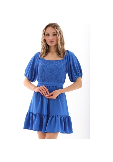 Kallima Fırfırlı Diz Üstü Balon Kol Mavi Aerobin Elbise - 90 Cm Mavi