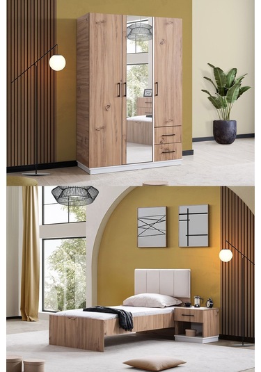 Genç Odası Efes 3 Kapaklı Dolap,karyola,komodin Ceviz Krem Ceviz