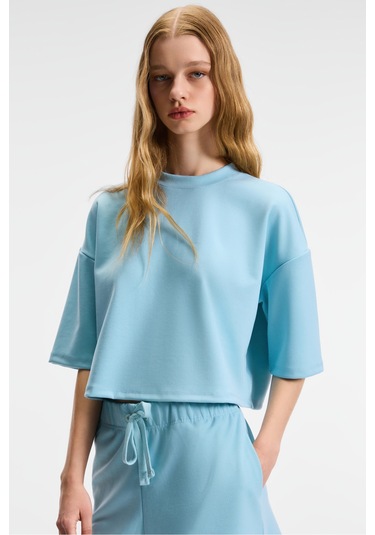 VELA Kadın Esnek Kumaşlı Bisiklet Yaka Oversize Fit Mavi T-Shirt