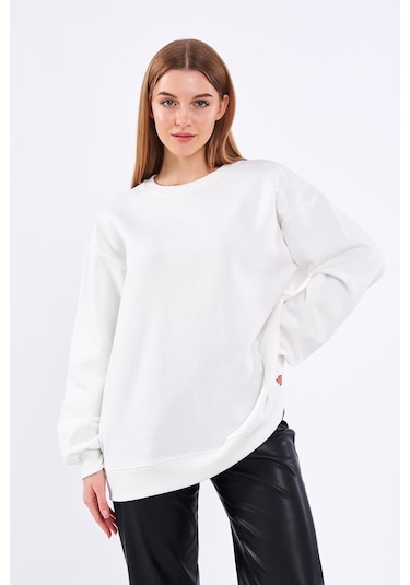 Comeor Ekru Kadın Pamuklu Oversize Basic Bisiklet Yaka Sweatshirt 001