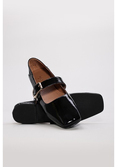 Hakiki Deri Kadın Babet Ayakkabı 210za9757 Siyah Rugan