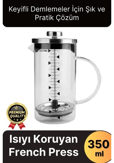 Çok Amaçlı Isıyı Koruyan Süzgeçli Bitki Çayı Filtre Kahve Demlik Ölçü Kabı Cam French Press 350 Ml Çok Renkli