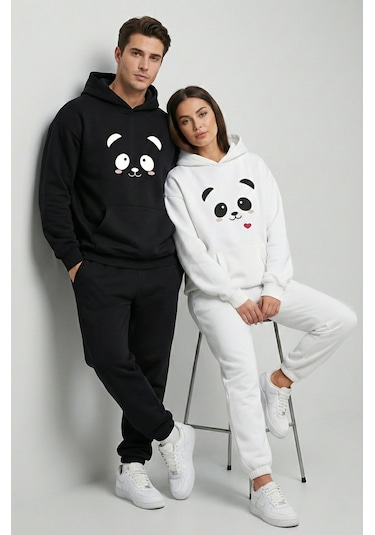Nevermind Unisex Sevgili Çift Kombini Oversize Panda Baskılı Çift Hoodie Siyah-Beyaz