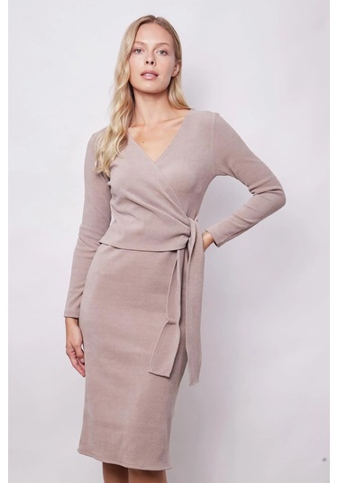 Kadın Hafif Likralı Triko Kruvaze Anvelop Bağcıklı Uzun Kol Diz Altı Uzun Elbise-bej Bej