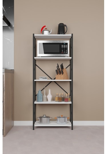 Metal Mutfak Rafı 5 Raflı Dekoratif Malzeme Dolabı Beyaz