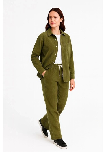 Kadın Kadife Oversize Takım Gömlek Ve Pantolon İkili Set Füme Corduroy Şıklığı, Rahat Ve Zarif Dur Haki