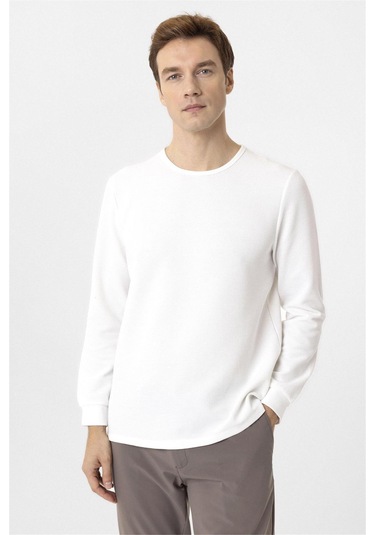 SÜVARİ Beyaz Slim Fit Armürlü Bisiklet Yaka Triko Kazak Beyaz