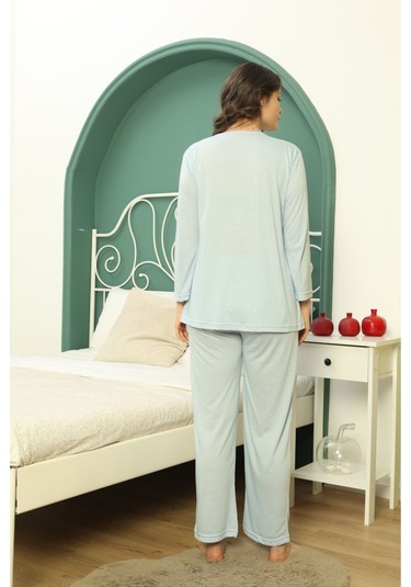 Göğüs Dantel Detaylı Kadın Hamile Pijama Takımı 1031 Mavi