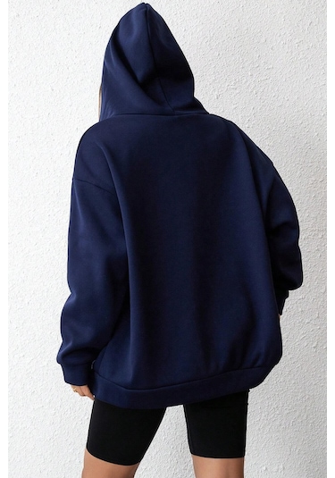 Modagen Unisex Lacivert Düz Renk Kapüşonlu Oversize Hırka Lacivert