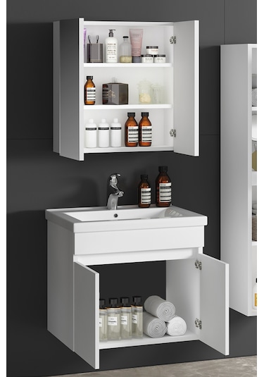 65 Cm Çiğdem Beyaz Mdf Seramik Lavabolu Asma Banyo Dolabı Takımı Beyaz