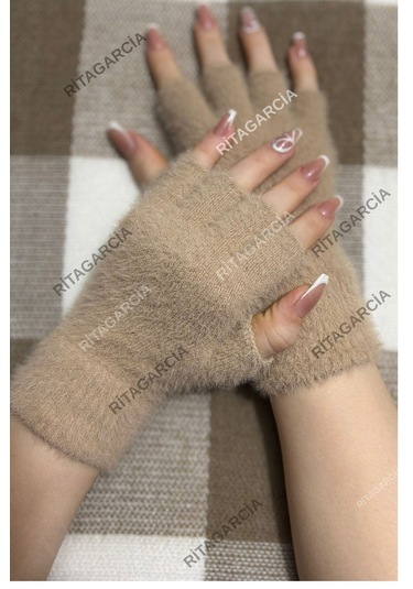 Peluş Kesik Parmak Eldiven Bej2