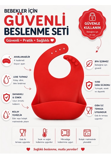 Jojobebek Çocuk Silikon Mama Önlüğü (KIRMIZI RENK)