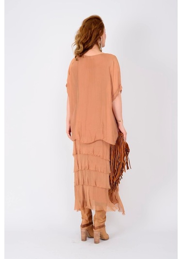 İtalyan 2 Beden İnce Gösteren Yarım Kol Kat Kat Ipek Elbise-8794 Cappuccino