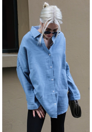 Madmext Mavi Muslin Kumaş Basic Kadın Gömlek Mg1660 Mavi