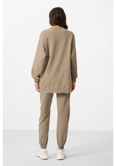 Koyu Bej O Yaka Basic Oversize Kadın Eşofman Tunik Takım - 95347 Bej