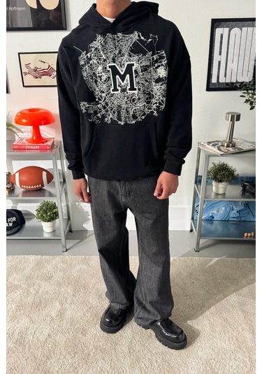Flaw M Baskılı Hoodie-28671 Sİyah