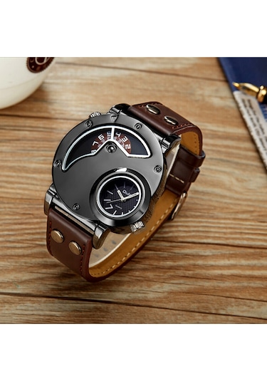 Leezsing Oulm Watch İki Zaman Dilimi Erkek Kuvars Saatler Marka Lüks Deri Kayış Spor Kol Saati İki Hareket Erkek Saat Relogio Masculino Kahve