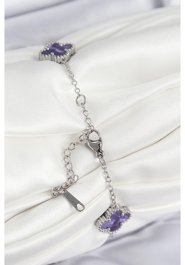 316l Çelik Sedefli Mor Gümüş Renk Yonca Kadın Bileklik Çok Renkli