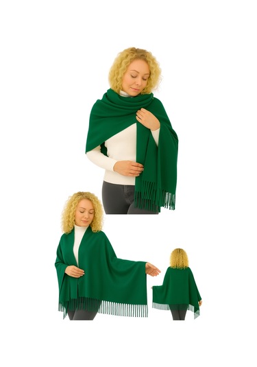 1 Adet Kadın Büyük Bedene Uygun Ekstra Yumuşak Dokulu Püskül Detaylı Kışlık Atkı Omuz Şalı Açık Yeşil