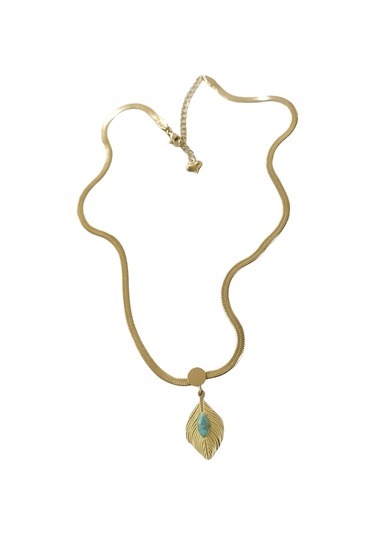 Kadın Çelik Firuze Yaprak Kolye Altın Renk Çelik
