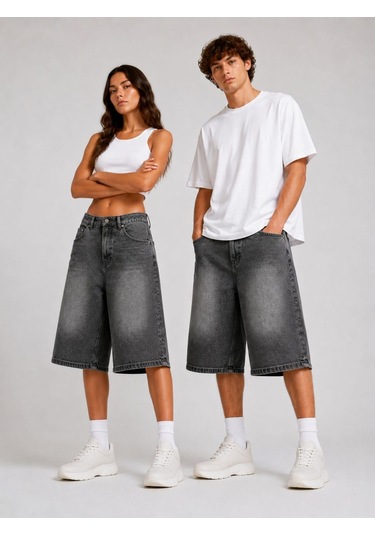 St.poll Eskitme Yıkama Unisex Baggy Denim Şort Füme