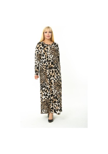 Kadın Büyük Beden Yumuşak Dokulu Leopar Desenli Elbise Leopar