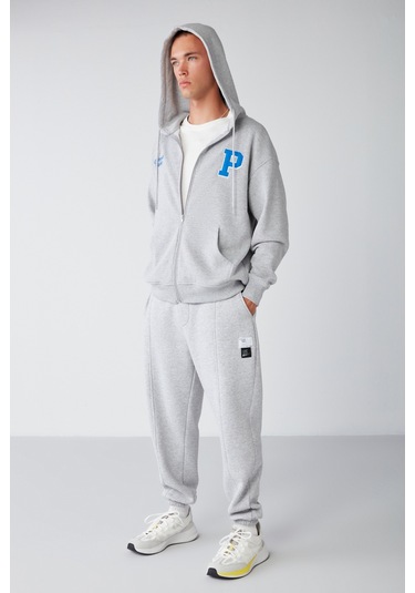 Rowan Erkek Relaxed Içi Şardonlu Önü Nervürlü Dekoratif Etiketli Grimelanj Eşofman Altı