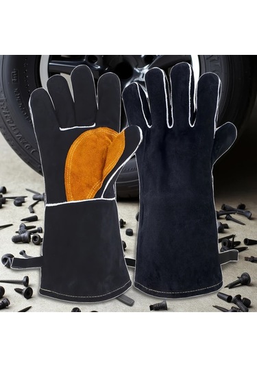 Techbloom Xl Siyah Turuncu Dikişli Dayanıklı Deri İş Eldiveni Kaynak Bahçe Çiftlik Sürüş İçin